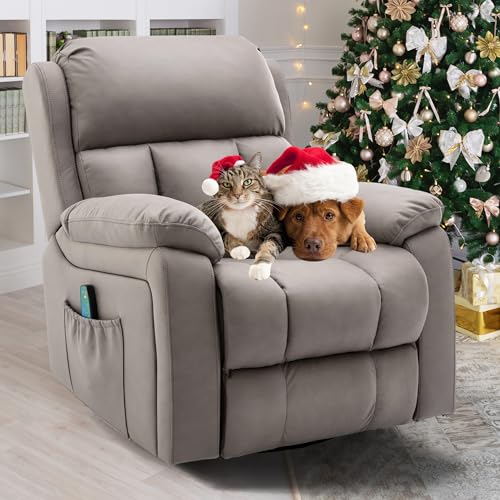 HOMREST Swivel Rocker Recliner Chair with Heat and Massage, 360 Degree Swivel Rocking Recliner Chair for Adults, Reclining Sofa with Side Pocket for Living Room, Coffe