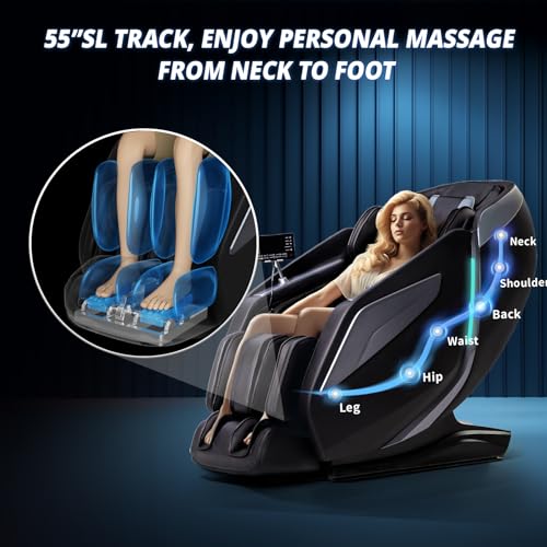HealthRelife Massage Chair Full Body Recliner - Zero Gravity with Heat, 15 Modes, Shiatsu Foot Massage, with Yoga Stretch 55“ SL-Track 40 Airbags Massage Foot Rollers AI Control (Black)