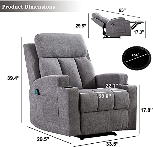 ANJ Massage Recliner Chairs with Heat Breathable Fabric Manual Recliners with Cup Holders for Living Room, Modern Reclining Single Sofas (Light Grey)