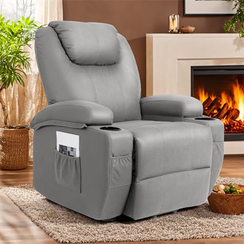 YESHOMY Power Lift Recliner Chair with Massage and Heat, Fabric Papped Sofa with Remote Control and Two Cup Holders for Living Room, Bedroom,Dark Blue, Light Grey