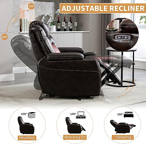 ANJ Electric Power Recliner Chair with Adjustable Powered Headrest, Faux Leather Home Theater Seating Overstuffed Reclining Furniture with USB Ports, Cup Holders, Hidden Arm Storage (Brown/Red)