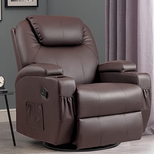 YESHOMY Swivel Rocker Recliner with Massage and Heating Functions, Sofa Chair with Remote Control and Two Cup Holders, Suitable for Living Room, PU Leather Brown