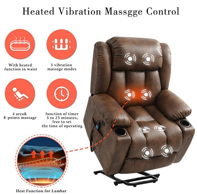COOSLEEP Large Power Lift Recliner Chair with Massage and Heat for Elderly, Overstuffed Wide Recliners, Breathable Leather with Breathable microporous, USB Ports, 2 Cup Holders (Light Brown)