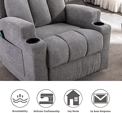 ANJ Massage Recliner Chairs with Heat Breathable Fabric Manual Recliners with Cup Holders for Living Room, Modern Reclining Single Sofas (Light Grey)