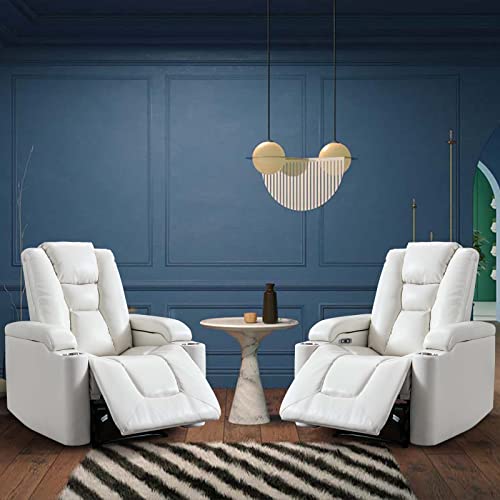 ANJ White Power Recliner Chair Set of 2, Electric Home Theater Seating Soft Leather Reclining Chairs for Movie Room Overstuffed Recliners with Hidden Arm Storage, Cup Holders and USB Ports