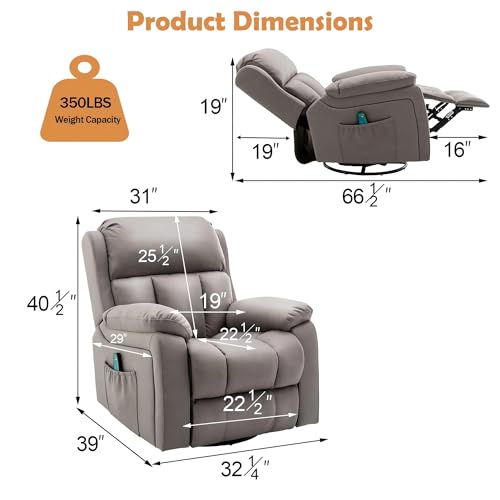 HOMREST Swivel Rocker Recliner Chair with Heat and Massage, 360 Degree Swivel Rocking Recliner Chair for Adults, Reclining Sofa with Side Pocket for Living Room, Coffe