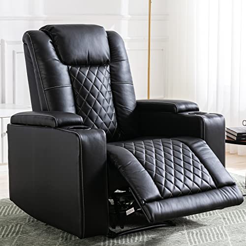 ANJ Electric Power Recliner Chair Soft Leather Reclining with USB Ports and Cup Holders, Black Home Theater Seating with Hidden Arm Storage Movie & Media Room Chairs