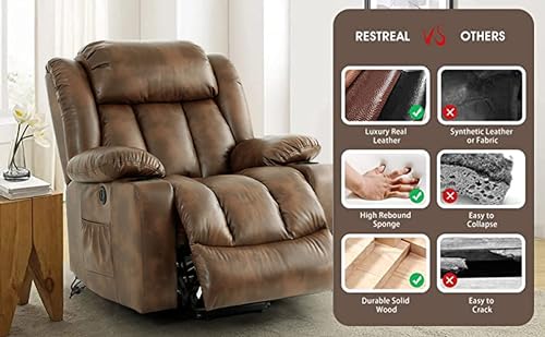 COOSLEEP Large Power Lift Recliner Chair with Massage and Heat for Elderly, Overstuffed Wide Recliners, Breathable Leather with Breathable microporous, USB Ports, 2 Cup Holders (Light Brown)