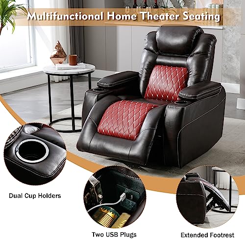 ANJ Electric Power Recliner Chair with Adjustable Powered Headrest, Faux Leather Home Theater Seating Overstuffed Reclining Furniture with USB Ports, Cup Holders, Hidden Arm Storage (Brown/Red)