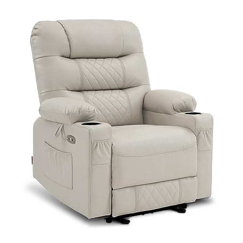 MCombo Power Recliner Chair with Heat and Massage, Cup Holder, USB Port, Extended Footrest, Faux Leather, Electric Reclining Sofa for Living Room PR621 (Light Grey) (No Lift)