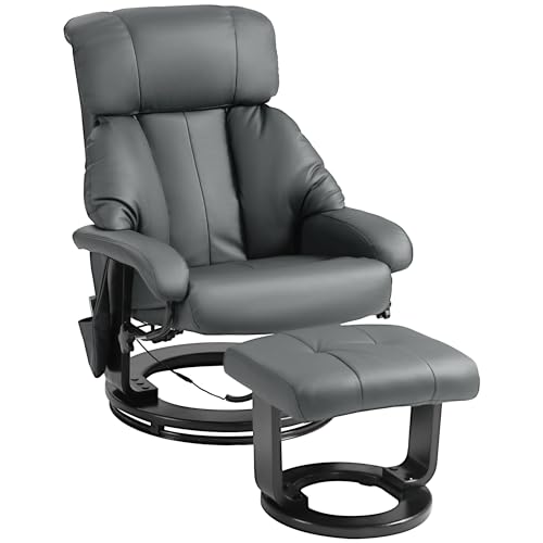 HOMCOM Massage Recliner Chair with Ottoman, 360° Swivel Recliner and Footstool, PU Leather Reclining Chair with Side Pocket and Remote Control, Gray
