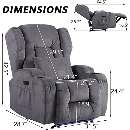 SAMERY Power Recliner Chair with Massage & Heating, Comfy Sleeper Chair Sofa Electric Recliners Home Theater Seat for Living Room with Cup Holders/USB Ports/LED Light/Lumbar Pillow/Remote Control