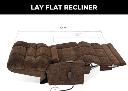 Irene House Big Tall Man Power Lay Flat Lift Recliner Extra Large Oversized Wide Heat Massage Dual Motor Recliners Up to 400 LBS Electric Chairs,9205L Extended Footrest(Chenille Brown)