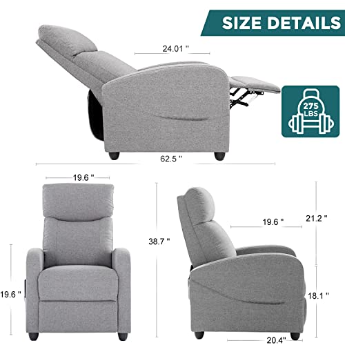 Massage Recliner Chair, Fabric Recliner Sofa Home Theater Seating with Lumbar Support Winback Single Sofa Armchair Reclining Chair Easy Lounge for Living Room Grey