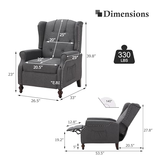 B BAIJIAWEI Recliner Wingback Chair - Tufted Arm Chair Recliner - Massage Recliner Chair with Heat - Fabric Push Back Recliner with Remote Control, Heating Function, Adjustable Backrest (Grey)