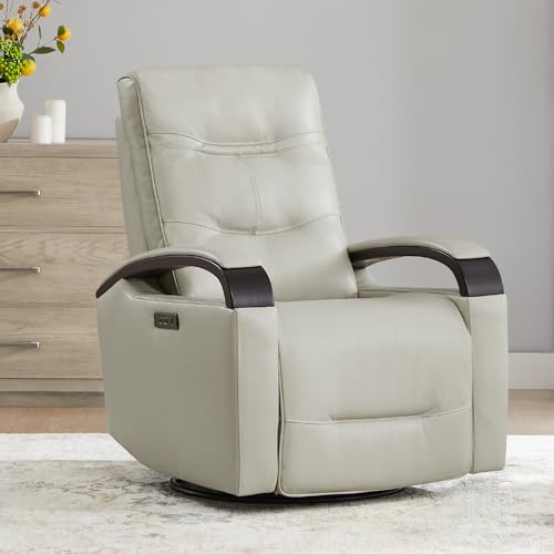 CHITA Genuine Leather Power Swivel Glider Rocker Recliner, FSC Certified USB Charge Power Headrest Wooden Armrest Double Layer Backrest Recliner Chair Sofa for Living Room and Nursery-Light Grey