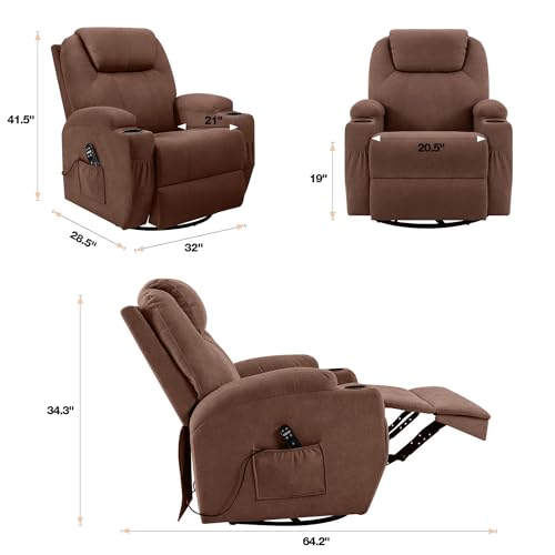 Flamaker Rocking Chair Recliner Chair with Massage Swivel Ergonomic Lounge Chair Classic Single Sofa with 2 Cup Holders Side Pockets Living Room Chair Home Theater Seat (Brown)