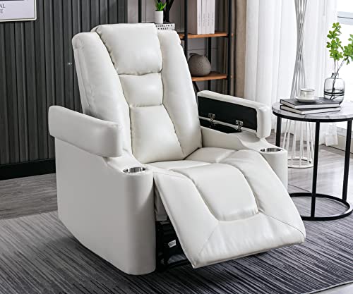 ANJ White Power Recliner Chair Set of 2, Electric Home Theater Seating Soft Leather Reclining Chairs for Movie Room Overstuffed Recliners with Hidden Arm Storage, Cup Holders and USB Ports