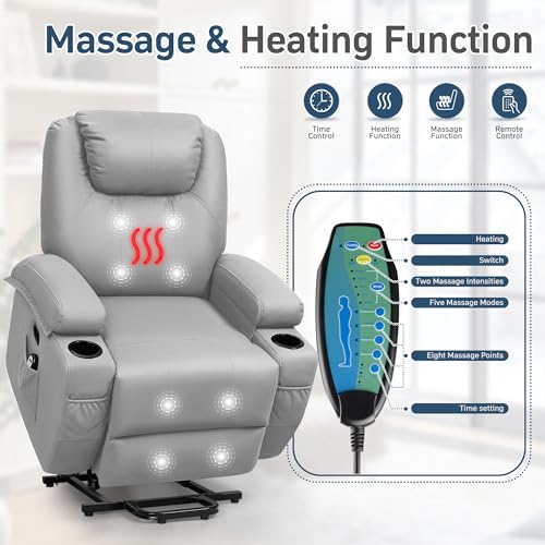 YESHOMY Power Lift Recliner Chair with Massage and Heat, Fabric Papped Sofa with Remote Control and Two Cup Holders for Living Room, Bedroom,Dark Blue, Light Grey