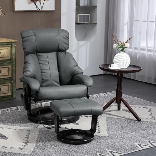 HOMCOM Massage Recliner Chair with Ottoman, 360° Swivel Recliner and Footstool, PU Leather Reclining Chair with Side Pocket and Remote Control, Gray
