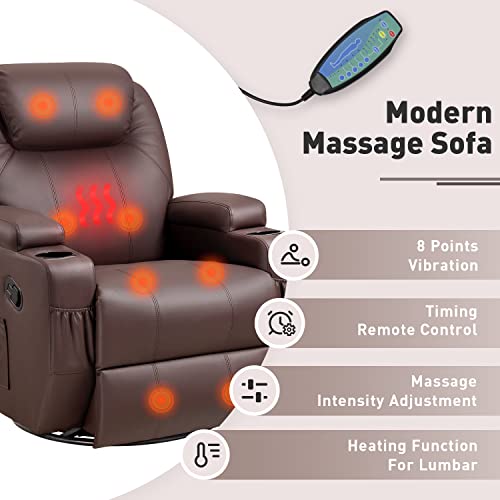 YESHOMY Swivel Rocker Recliner with Massage and Heating Functions, Sofa Chair with Remote Control and Two Cup Holders, Suitable for Living Room, PU Leather Brown