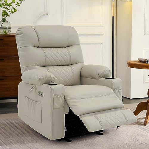 MCombo Power Recliner Chair with Heat and Massage, Cup Holder, USB Port, Extended Footrest, Faux Leather, Electric Reclining Sofa for Living Room PR621 (Light Grey) (No Lift)