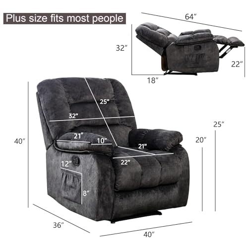 ANJHOME Overstuffed Massage Recliner Chairs with Heat and Vibration, Soft Fabric Single Manual Reclining Chair for Living Room Bedroom (Grey)