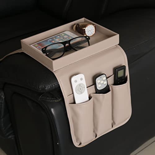 Hyfant Couch Remote Control Holder Cup Holder Leather Couch Caddy Sofa Armrest Organizer with Detachable Tray TV Controller Holder Sofa Caddy for Smart Phone, Book, Magazines, iPad, Snacks