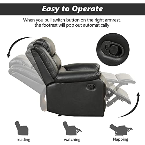 ANJ Manual Recliner Chair, Breathable PU Leather Reclining Chair, Extra Wide Recliners with Overstuffed Arm and Back, Single Sofa Chair for Living Room Bedroom(Black)