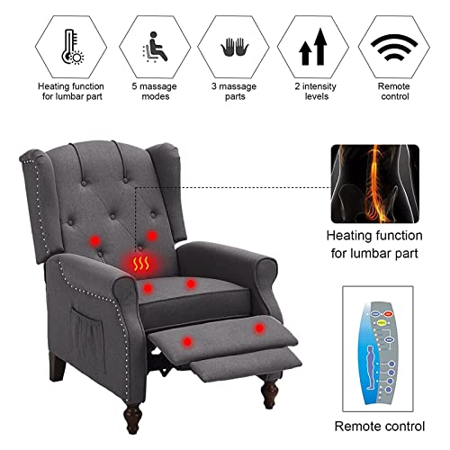 B BAIJIAWEI Recliner Wingback Chair - Tufted Arm Chair Recliner - Massage Recliner Chair with Heat - Fabric Push Back Recliner with Remote Control, Heating Function, Adjustable Backrest (Grey)