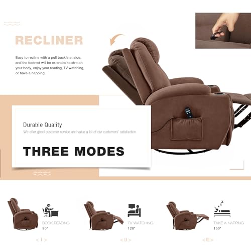 Flamaker Rocking Chair Recliner Chair with Massage Swivel Ergonomic Lounge Chair Classic Single Sofa with 2 Cup Holders Side Pockets Living Room Chair Home Theater Seat (Brown)