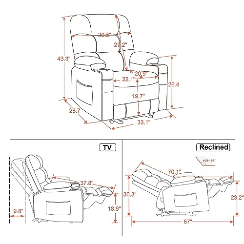 MCombo Power Recliner Chair with Heat and Massage, Cup Holder, USB Port, Extended Footrest, Faux Leather, Electric Reclining Sofa for Living Room PR621 (Light Grey) (No Lift)