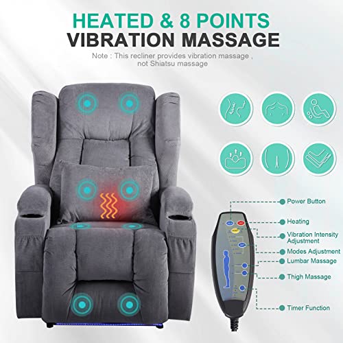 SAMERY Power Recliner Chair with Massage & Heating, Comfy Sleeper Chair Sofa Electric Recliners Home Theater Seat for Living Room with Cup Holders/USB Ports/LED Light/Lumbar Pillow/Remote Control