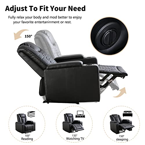 ANJ Electric Power Recliner Chair Soft Leather Reclining with USB Ports and Cup Holders, Black Home Theater Seating with Hidden Arm Storage Movie & Media Room Chairs