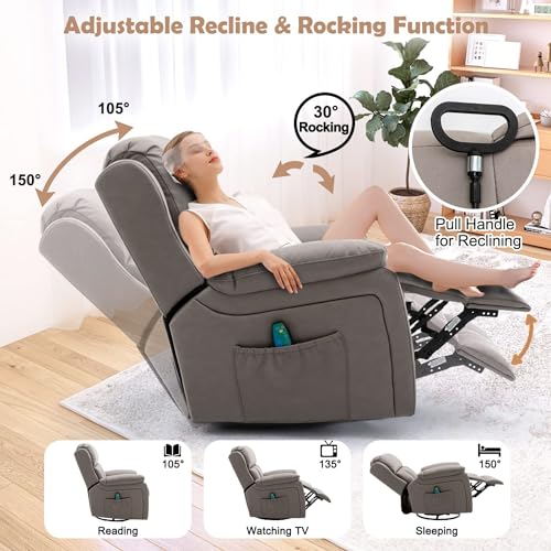 HOMREST Swivel Rocker Recliner Chair with Heat and Massage, 360 Degree Swivel Rocking Recliner Chair for Adults, Reclining Sofa with Side Pocket for Living Room, Coffe