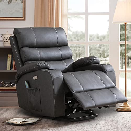 B BAIJIAWEI Power Lift Recliner Chair - Breath Leather Electric Recliner for Elderly - Heavy Duty Reclining Chair with Side Pockets, USB Charge Port & Massage Remote Control (Modern, Leather-Grey)