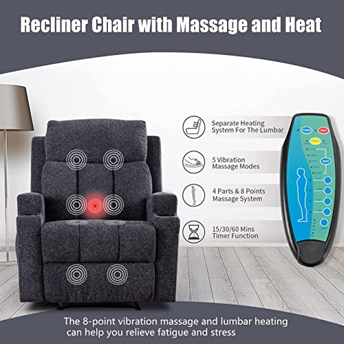 ANJ HOME Manual Massage Recliner Chairs with Heat for Living Room, Overstuffed Breathable Fabric Reclining Chair with Side Pockets and Cup Holders, Single Sofa Home Theater Seating, Dark Grey