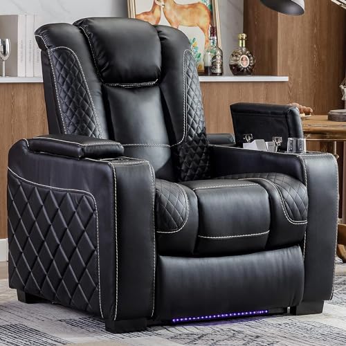 CANMOV Electric Power Recliner Chair with Ambient Lighting, Faux Leather Home Theater Seating Power Recliner with Adjustable Headrest, Cup Holders, Hidden Arm Storage, USB Ports (Single, Black)