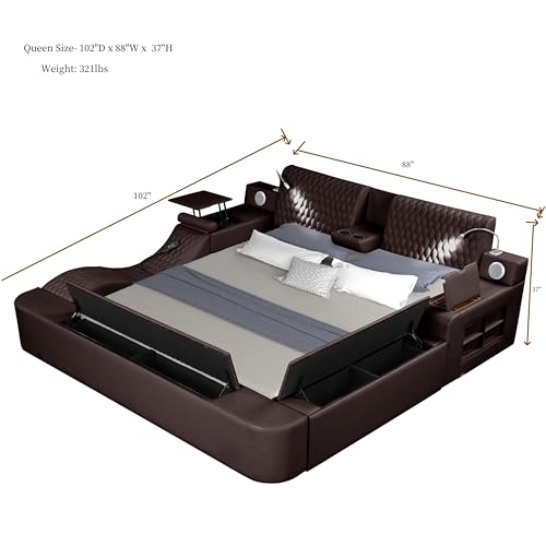 JIEJIEGAO Multifunction Queen Bed Frame, Luxury Leather Bed Frame with Adjustable Headboard Massage Recliner/USB Port/Music Speaker/Storage Footstool/Storage Shelf, Modern Smart Bed(Brown)