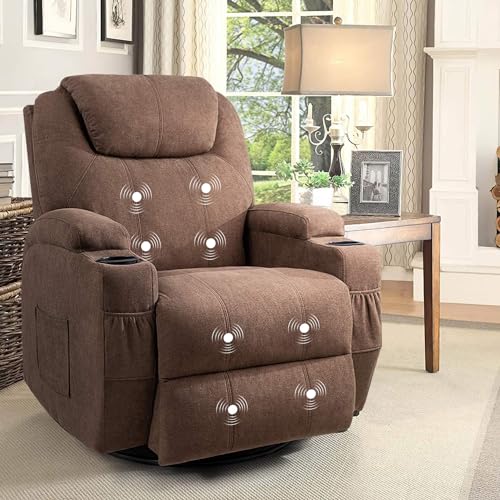 Flamaker Rocking Chair Recliner Chair with Massage Swivel Ergonomic Lounge Chair Classic Single Sofa with 2 Cup Holders Side Pockets Living Room Chair Home Theater Seat (Brown)
