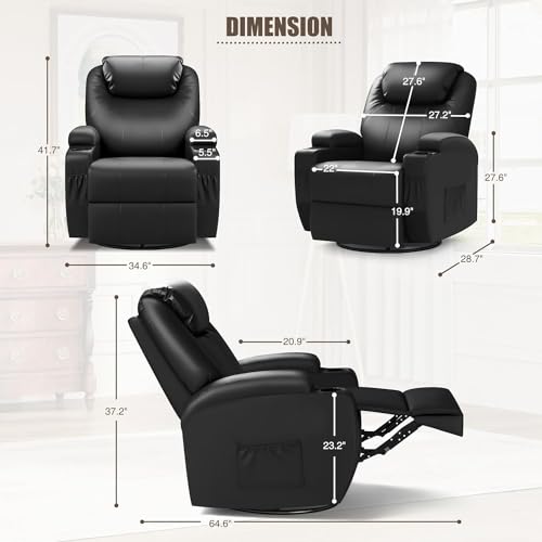 JUMMICO Recliner Chair, Rocking Massage Chairs, Home Reclining Sofa Chair, PU Leather, Ergonomic Living Room Chair with Cup Holders, Remote Control (Black)