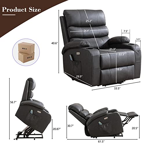 B BAIJIAWEI Power Lift Recliner Chair - Breath Leather Electric Recliner for Elderly - Heavy Duty Reclining Chair with Side Pockets, USB Charge Port & Massage Remote Control (Modern, Leather-Grey)