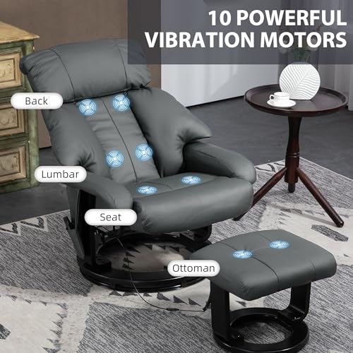 HOMCOM Massage Recliner Chair with Ottoman, 360° Swivel Recliner and Footstool, PU Leather Reclining Chair with Side Pocket and Remote Control, Gray