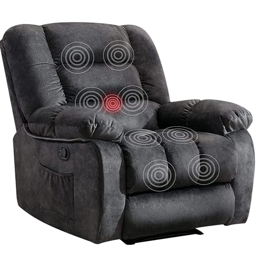 ANJHOME Overstuffed Massage Recliner Chairs with Heat and Vibration, Soft Fabric Single Manual Reclining Chair for Living Room Bedroom (Grey)