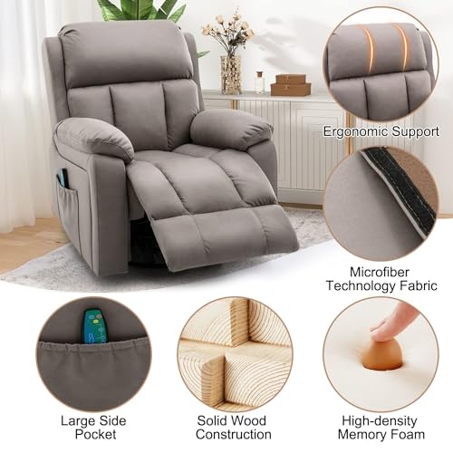 HOMREST Swivel Rocker Recliner Chair with Heat and Massage, 360 Degree Swivel Rocking Recliner Chair for Adults, Reclining Sofa with Side Pocket for Living Room, Coffe