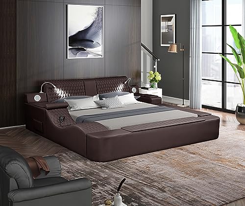 JIEJIEGAO Multifunction Queen Bed Frame, Luxury Leather Bed Frame with Adjustable Headboard Massage Recliner/USB Port/Music Speaker/Storage Footstool/Storage Shelf, Modern Smart Bed(Brown)