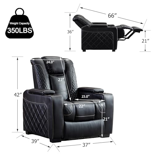 CANMOV Electric Power Recliner Chair with Ambient Lighting, Faux Leather Home Theater Seating Power Recliner with Adjustable Headrest, Cup Holders, Hidden Arm Storage, USB Ports (Single, Black)