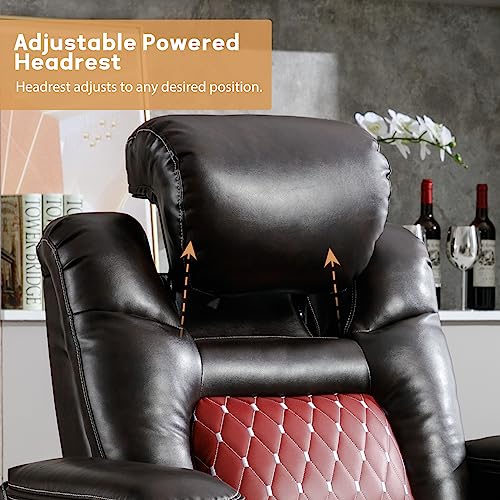 ANJ Electric Power Recliner Chair with Adjustable Powered Headrest, Faux Leather Home Theater Seating Overstuffed Reclining Furniture with USB Ports, Cup Holders, Hidden Arm Storage (Brown/Red)