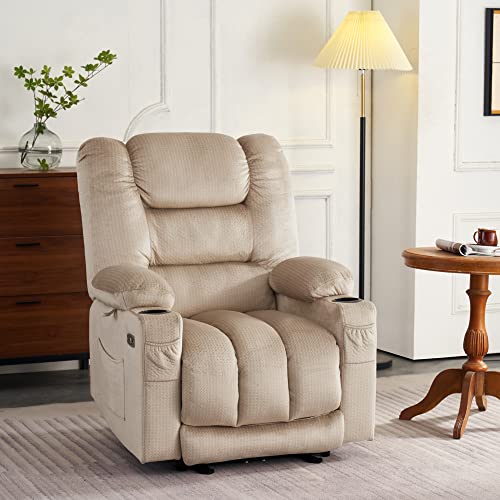 MCombo Electric Power Recliner Chair with Heat and Massage, USB Ports, Cup Holders, Reclining Chair for Living Room 6079 (Beige Medium 22.2" Seat Width)