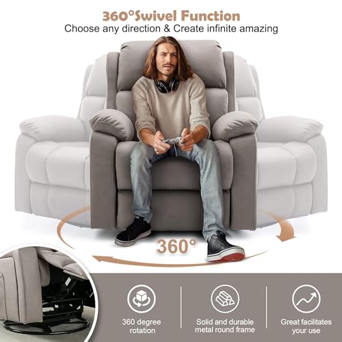 HOMREST Swivel Rocker Recliner Chair with Heat and Massage, 360 Degree Swivel Rocking Recliner Chair for Adults, Reclining Sofa with Side Pocket for Living Room, Coffe